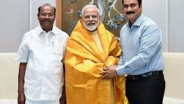 PMK founder S. Ramadoss (left) and Dr. Anbumani Ramadoss (right) with PM Narendra Modi